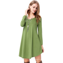 Kate Kasin Mulheres Casual Loose Long Sleeve V-Neck Irregular Wide Hem Cotton Pistache Vestido KK000489-4